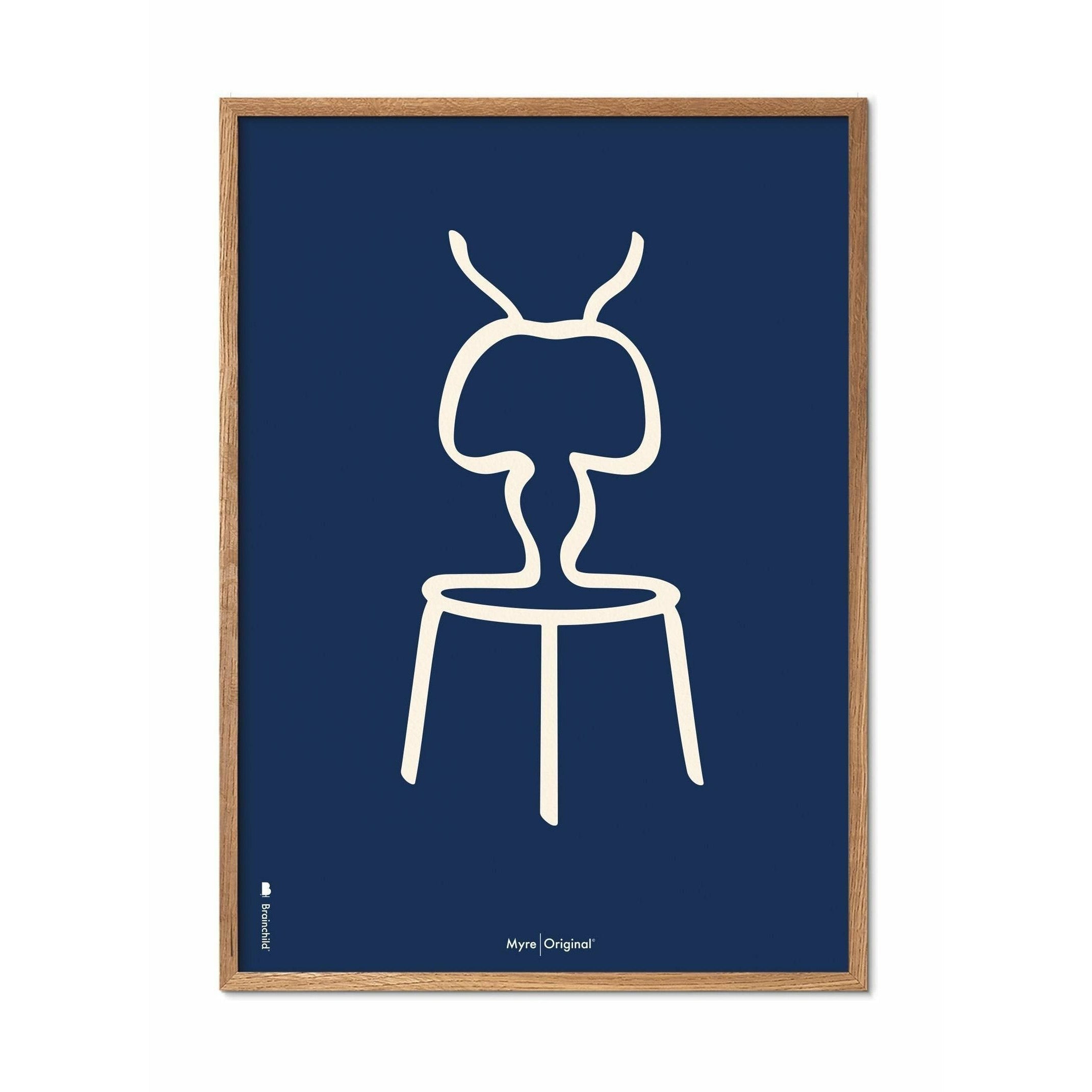 Brainchild Ant Line Poster, heller Holzrahmen A5, blauer Hintergrund