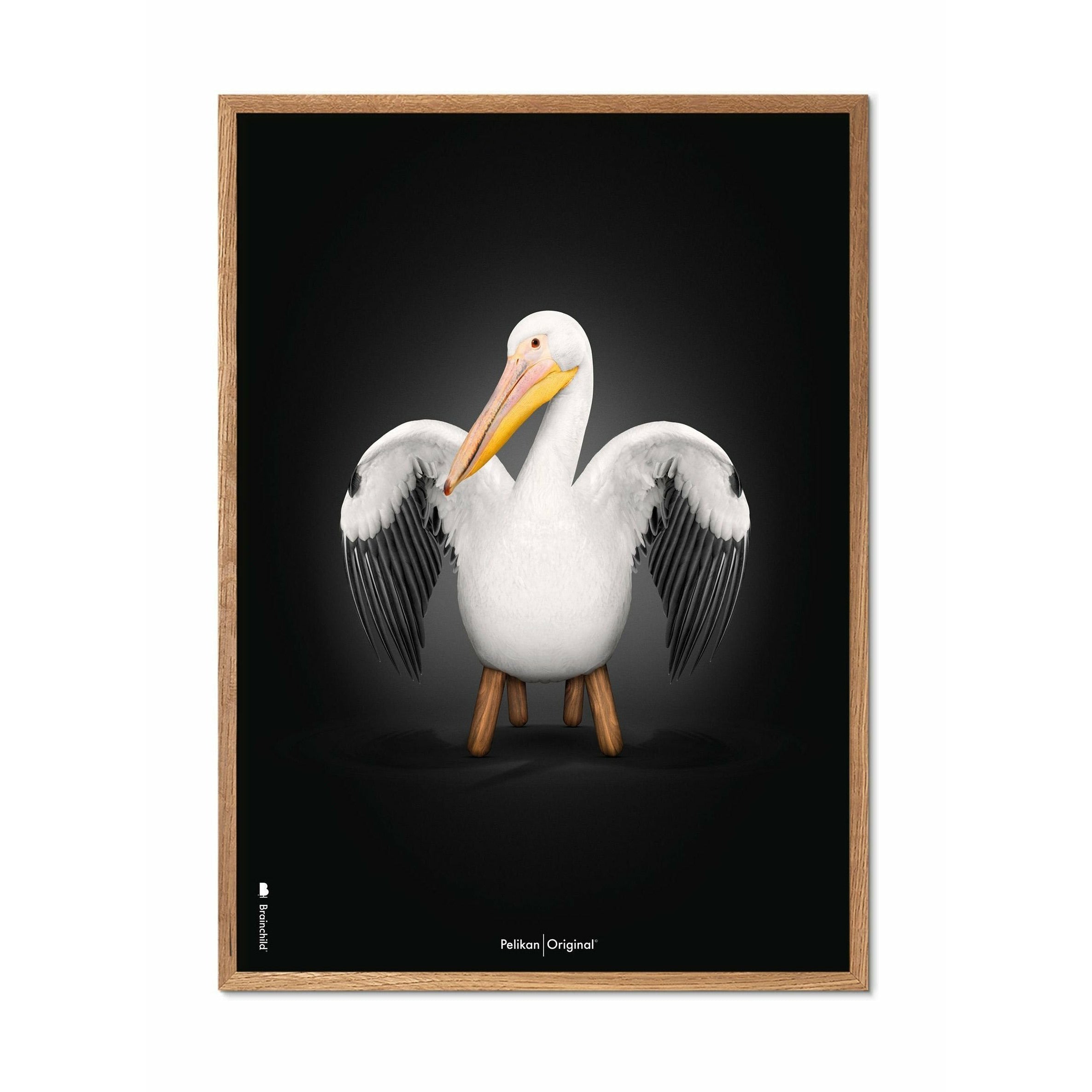 Brainchild Pelikan Classic Poster, Rahmen aus hellem Holz 30x40 Cm, schwarzer Hintergrund
