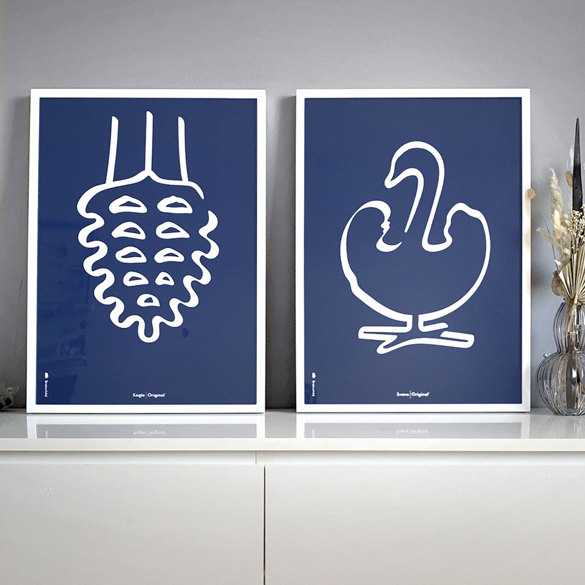 Brainchild Swan Line Poster, Frame Made Of Light Wood 70 X100 Cm, Blue Background