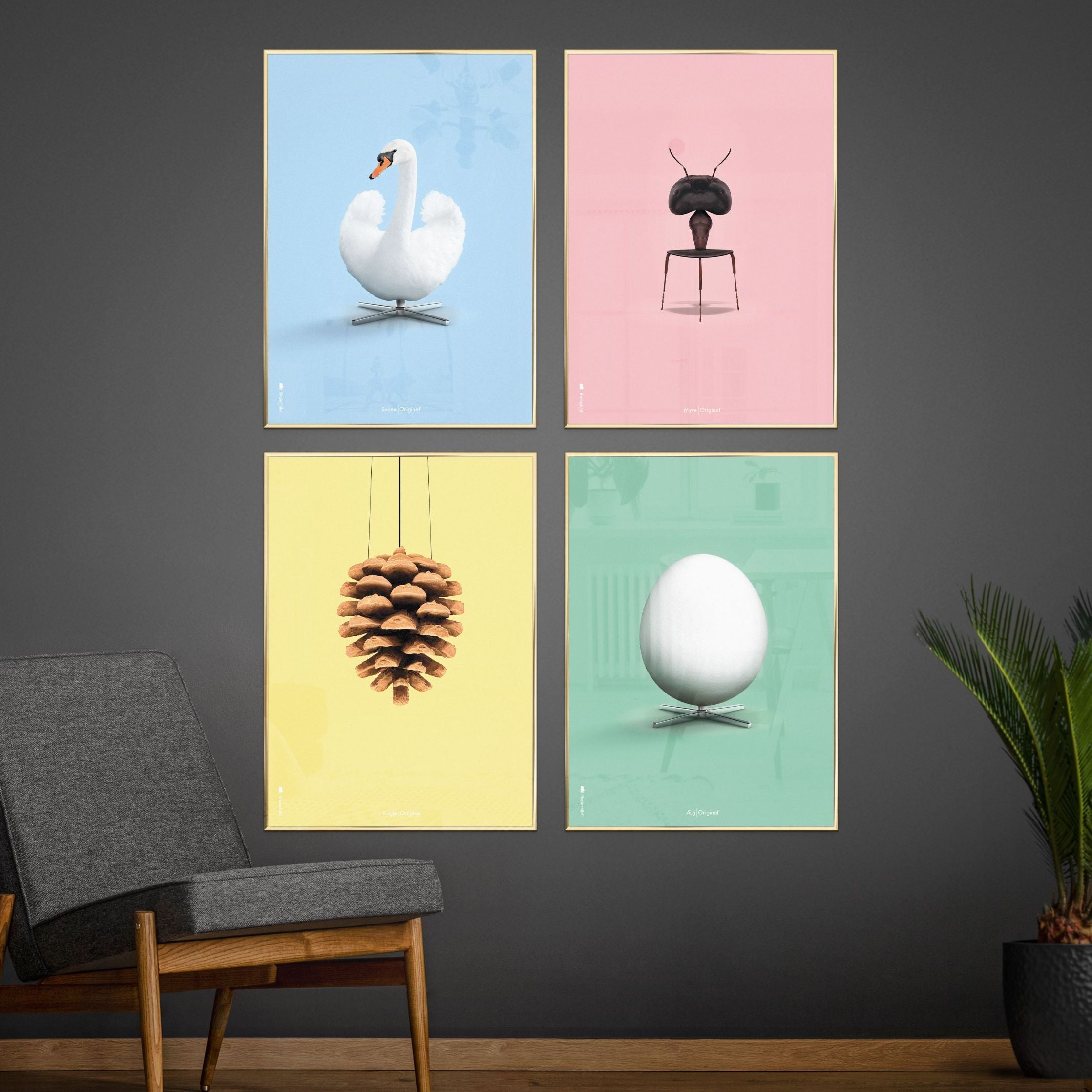 brainchild Pine Cone Classic Poster, koperen gekleurd frame A5, gele achtergrond