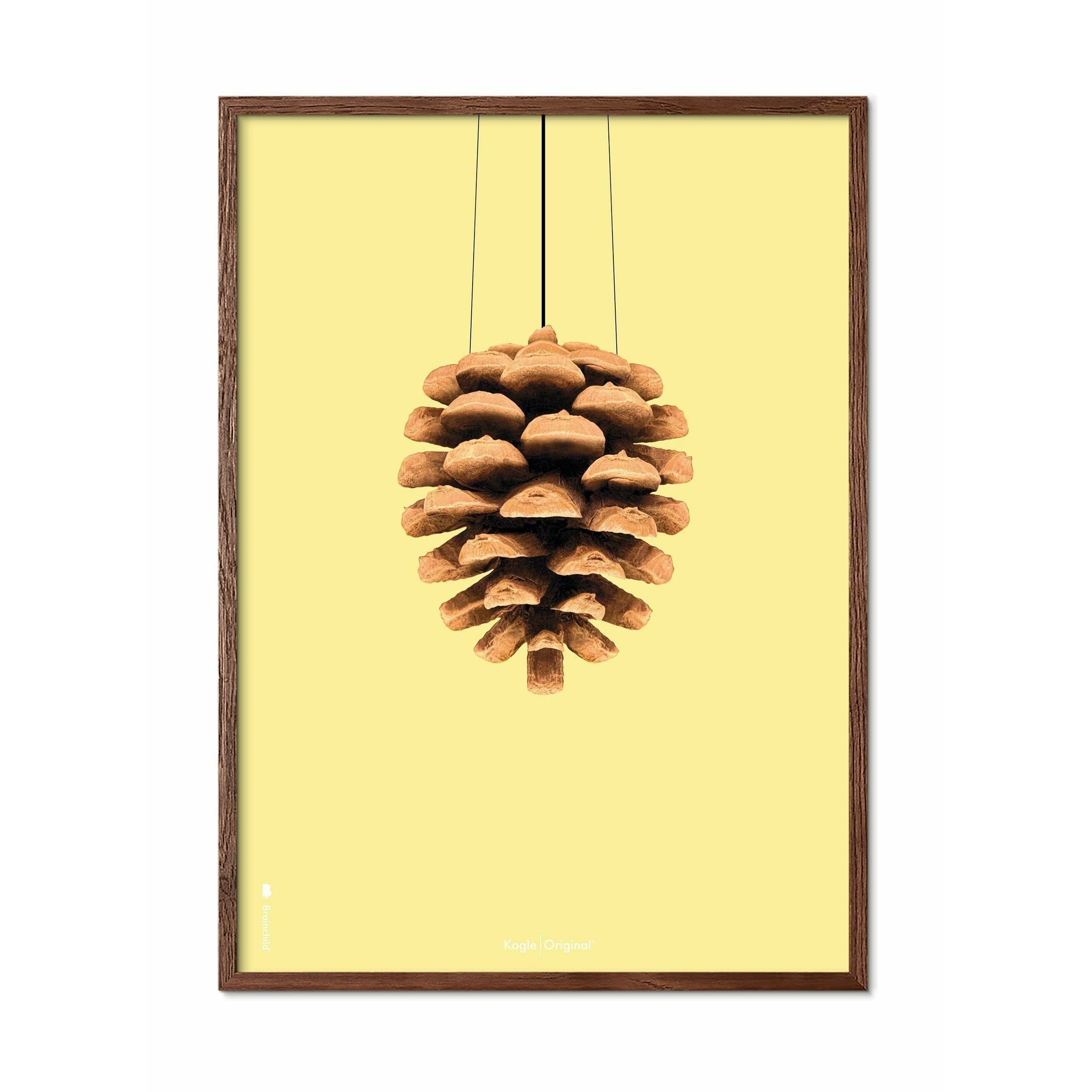 Brainchild Pine Cone Classic Poster, Dark Wood Frame 50x70 Cm, Yellow Background