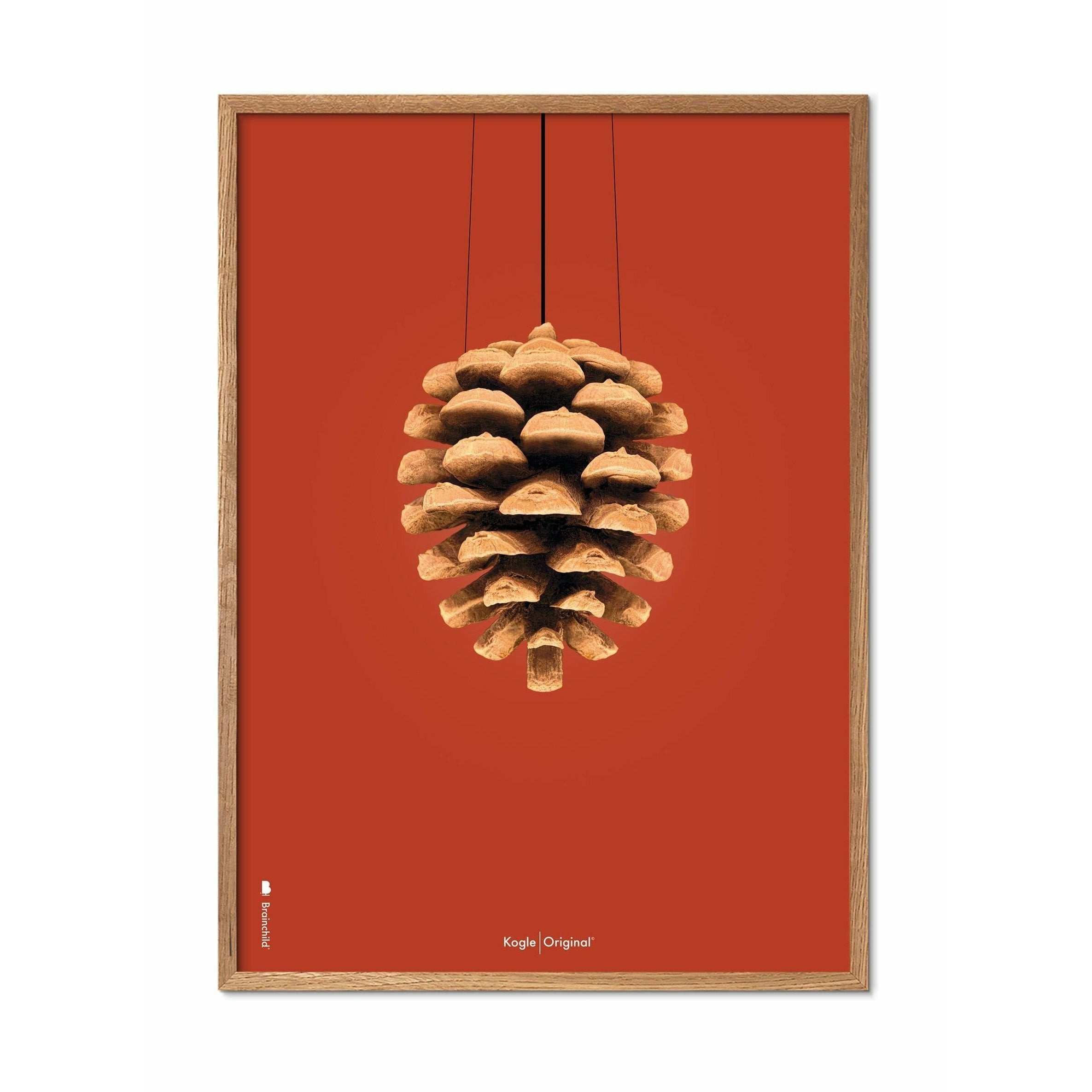 Brainchild Tannenzapfen Classic Poster, Rahmen aus hellem Holz 50x70 cm, roter Hintergrund