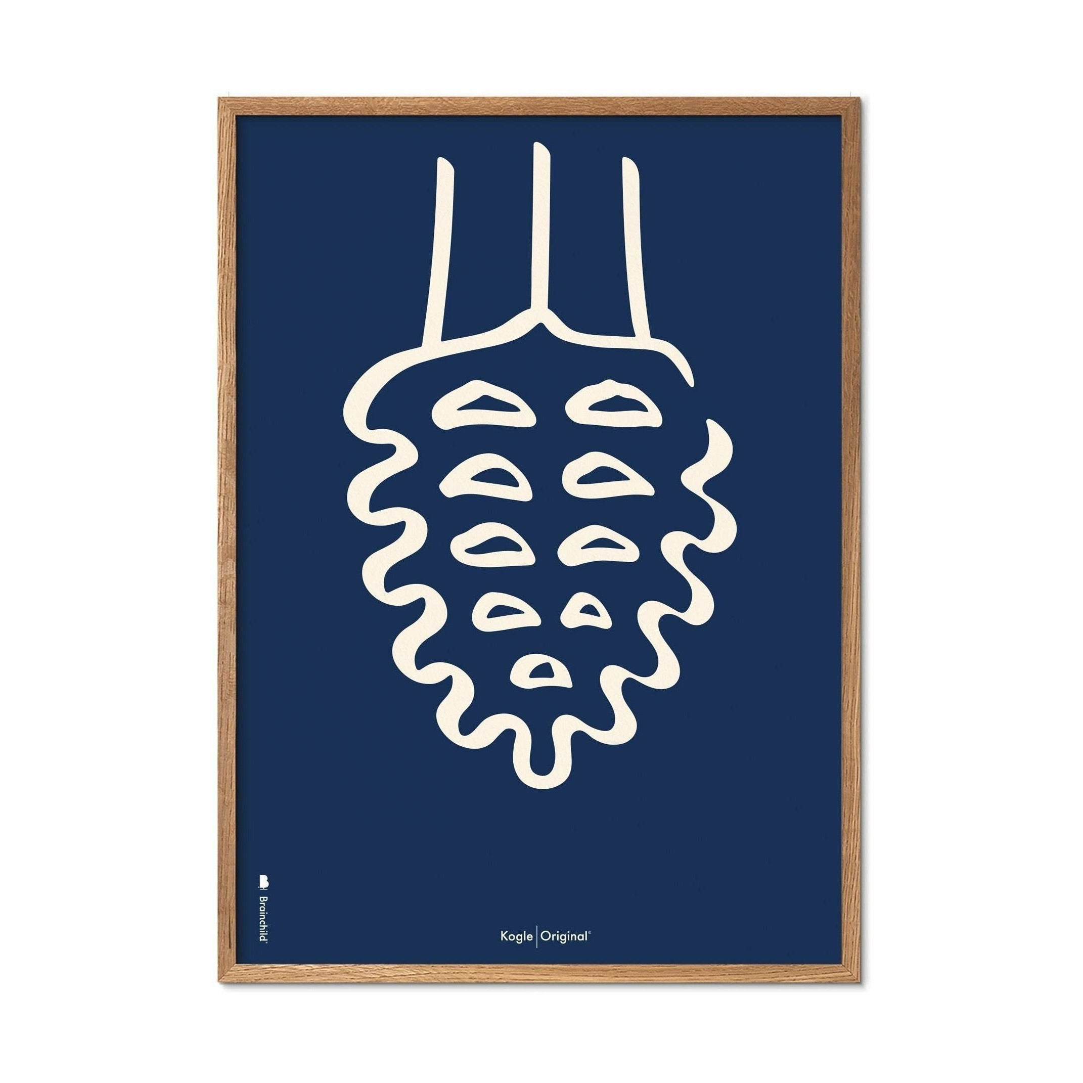 Brainchild Pine Cone Line Poster, Rahmen aus hellem Holz A5, blauer Hintergrund