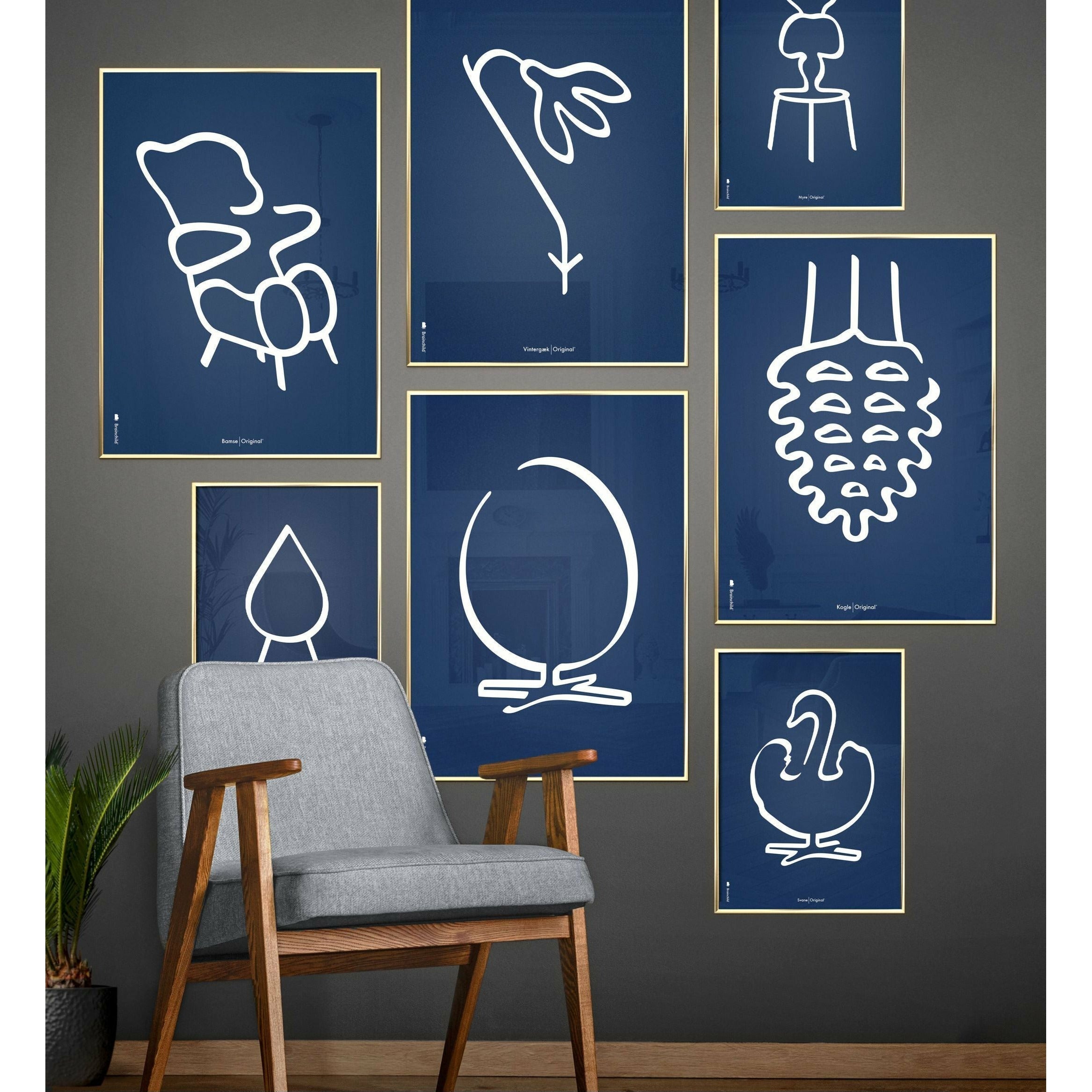 Brainchild Drop Line Poster, Frame Made Of Light Wood 50x70 Cm, Blue Background