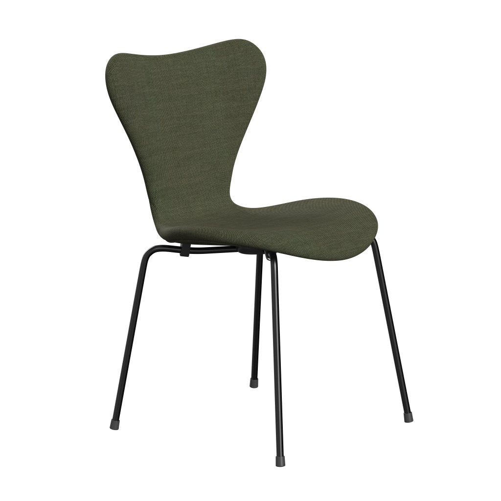 Fritz Hansen 3107 Stuhl Vollpolsterung, Schwarz/Leinwand Moosgrün