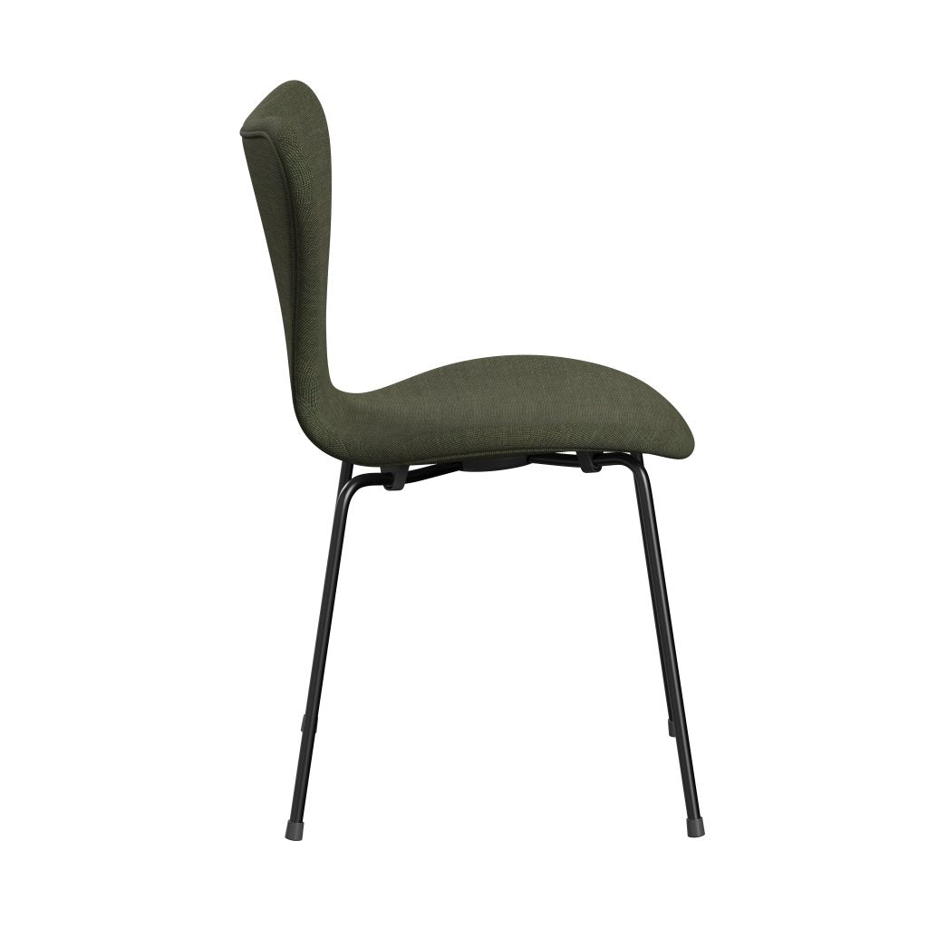 Fritz Hansen 3107 Stuhl Vollpolsterung, Schwarz/Leinwand Moosgrün