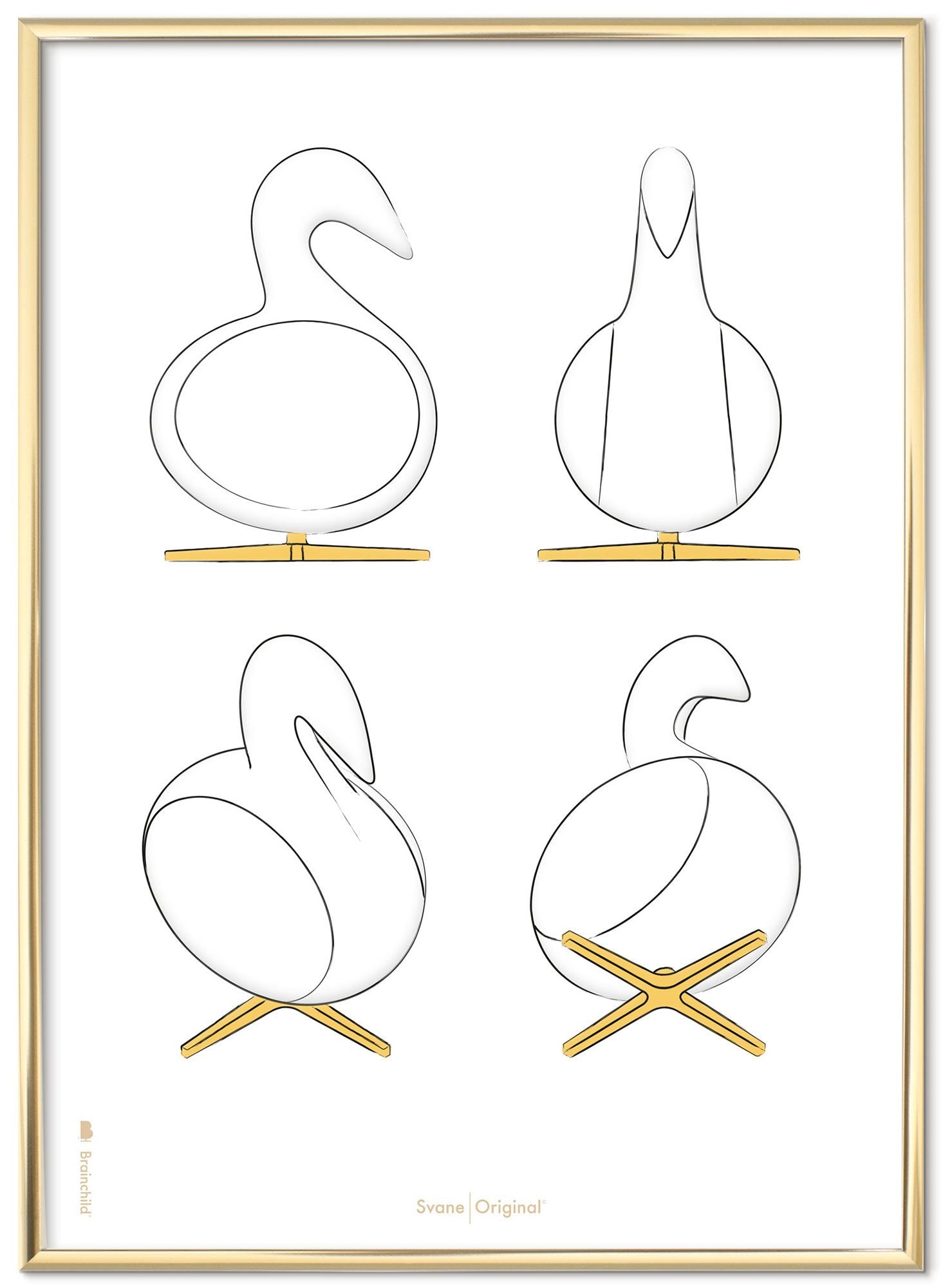 Brainchild Swan Design Schetsen Poster Frame Van Messing Gekleurd Metaal 30x40 Cm, Witte Achtergrond