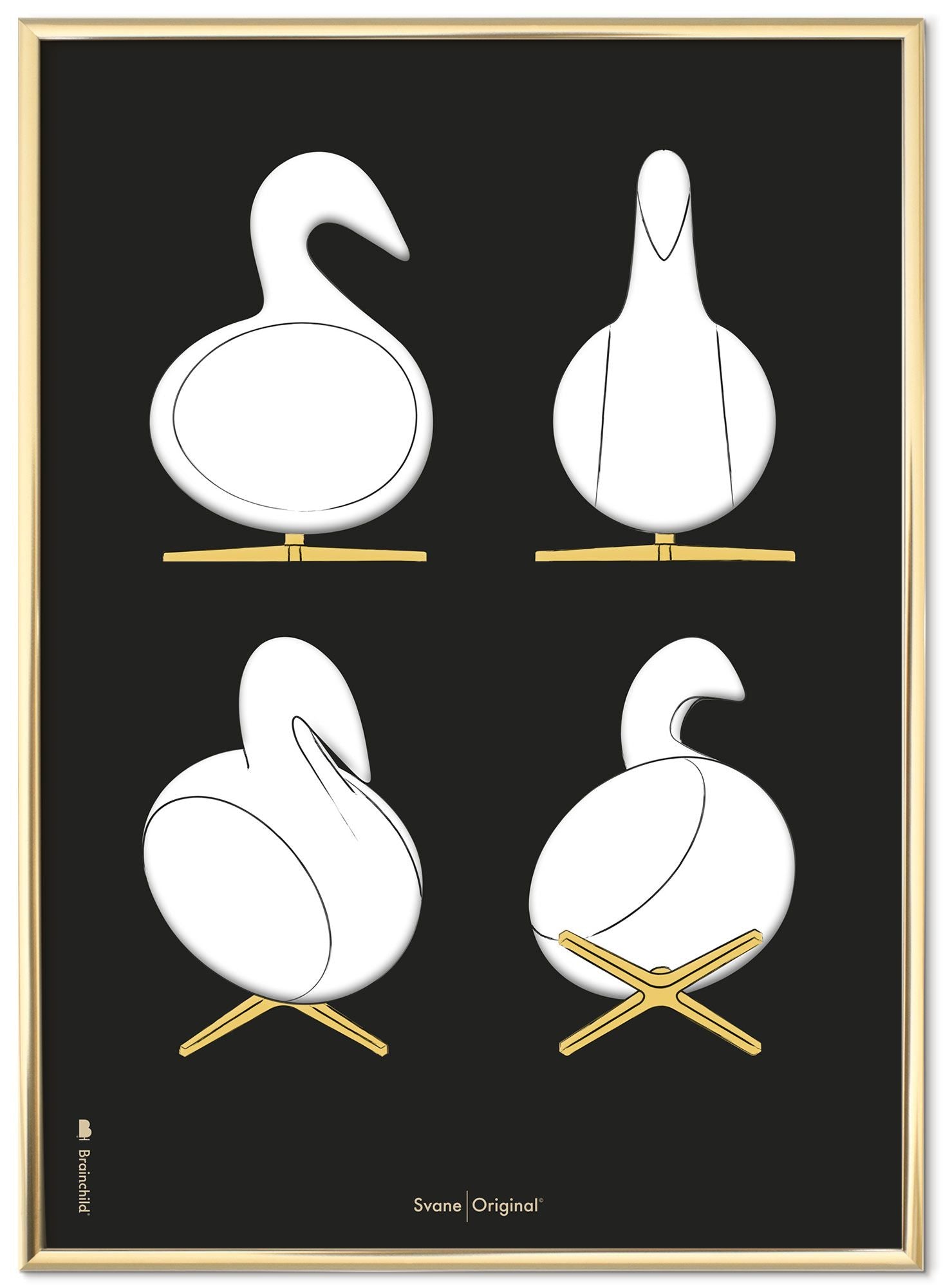 Brainchild Swan Design Sketches posterframe gemaakt van messing gekleurd metaal 30x40 cm, zwarte achtergrond