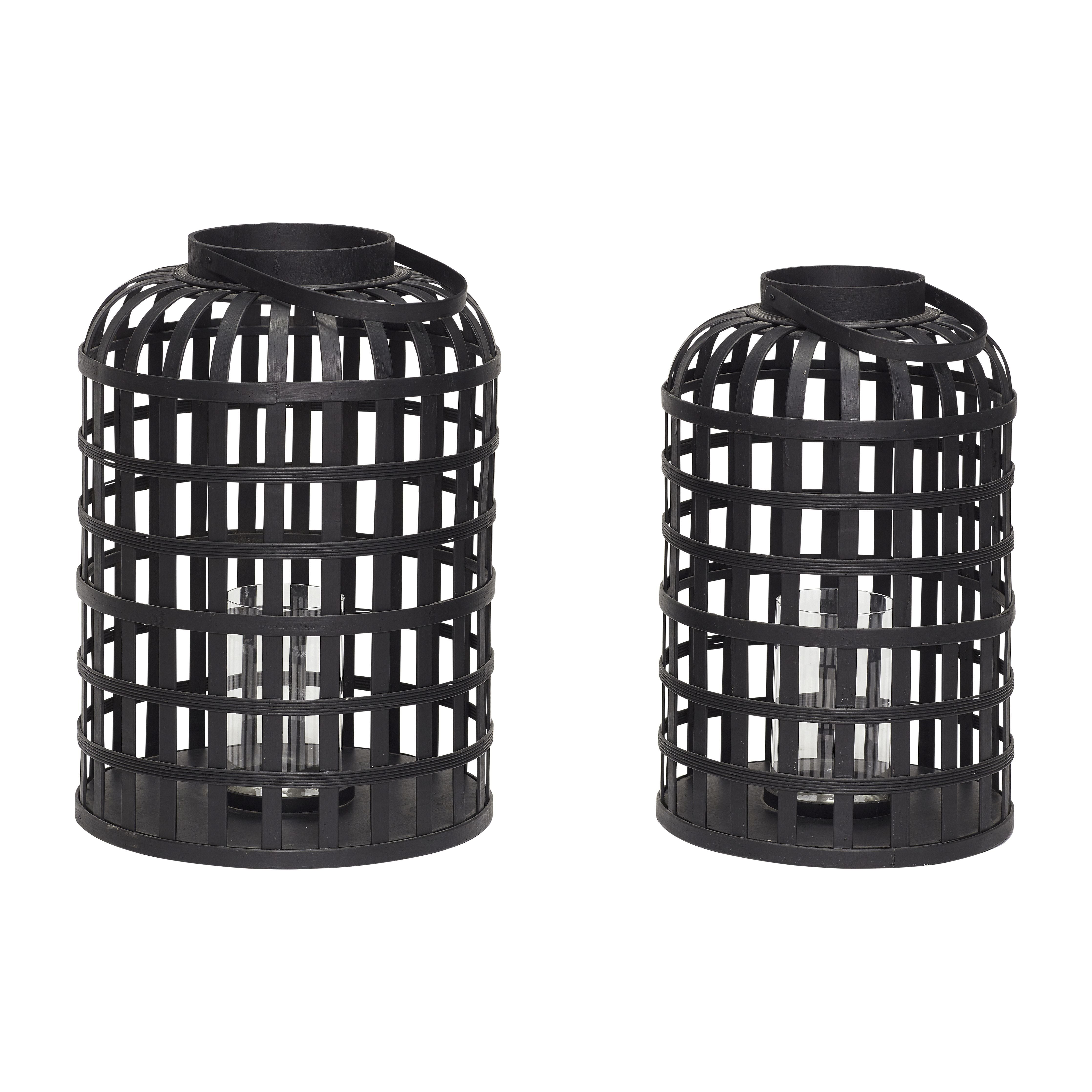 Hübsch Grid Lantern Round Bamboo Black Set Of 2